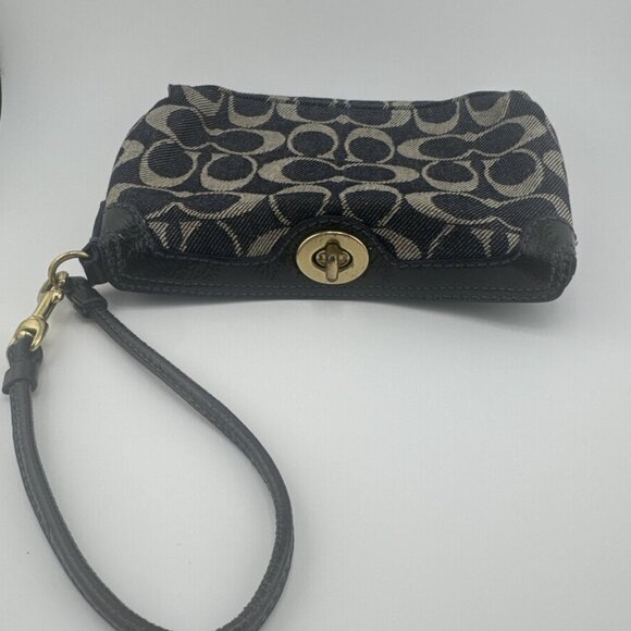 Coach Signature Denim Gold Top Turn lock Large Wristlet 8x5x2” VGUC - Picture 1 of 6